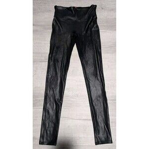 Spanx Women's Black Faux Leather Mid Waisted Shaping Leggings Pants Sz Medium